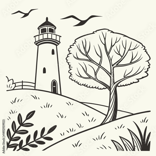 Stylized Landscape with Lighthouse, Tree, and Birds in a Minimalist Style