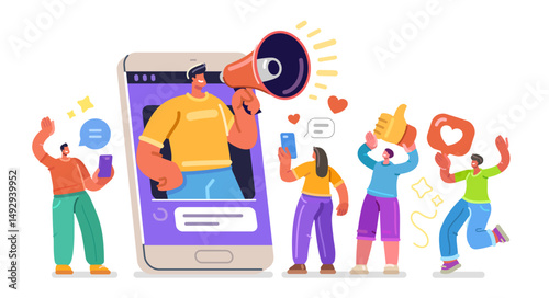 Influencer interacts with followers online. Social media influencing and marketing. Man with megaphone. Digital business