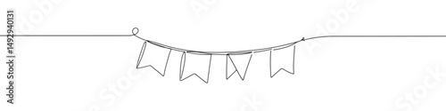 Bunting flags continuous one line drawing. Hand drawn festive flags garland.