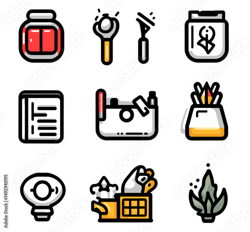 Artistic tools icons: A collection of illustrative icons depicting various tools, objects, and instruments typically used in the creation of visual art.
