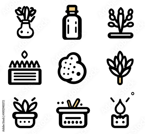 Iconic Collection of Aromatherapy Elements: A visual compilation of aromatherapy symbols representing a range of essential oils, candles, and botanical arrangements.