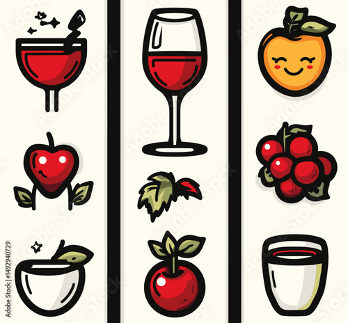 Collection of red wine and fruits illustration: A collection of nine illustrations showcasing a red wine with glasses and variety of red fruits. Perfect visual elements for themes related to wine.