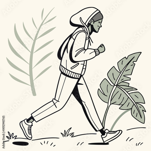 Woman in athleisure wear jogging in a park with tropical plants