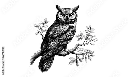 Black Sketch Owl Perched on Tree, Vintage Animal Art, Detailed Nature Print, Rustic Wildlife Decor, Hand-drawn Bird Design, Forest Scene