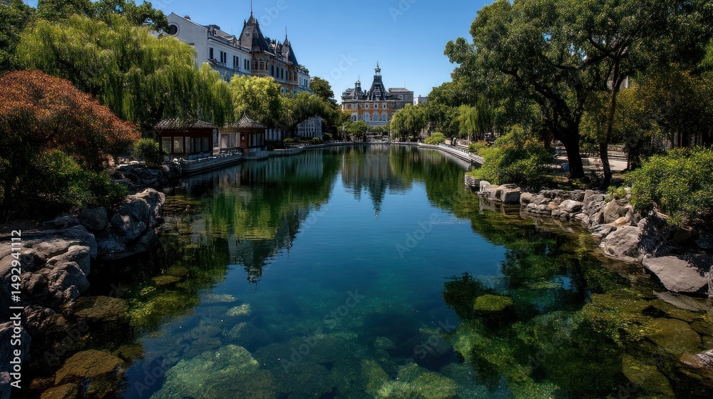 Fototapeta premium Lake reflects a building surrounded by trees under a clear blue sky.