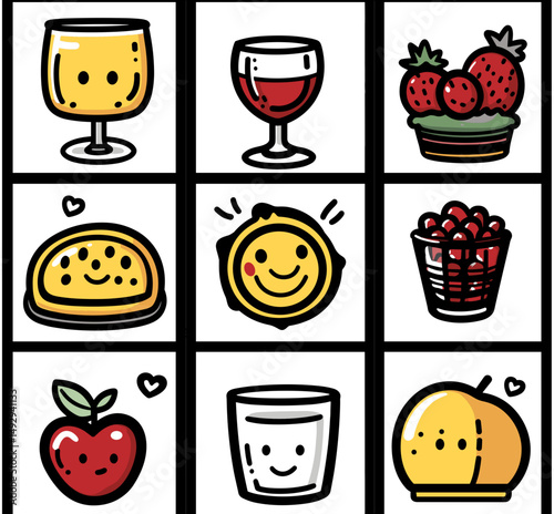 Culinary Delights: A charming illustration showcases an array of culinary elements, each with a whimsical character, offering a delightful view of food and beverages.