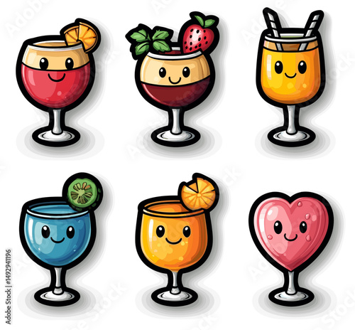 Delightful Cocktail Collection: A charming collection of adorable cartoon cocktails, each adorned with happy expressions and vibrant colors, ready to bring a smile to any occasion.