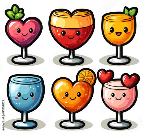 Cupid's Quench: A vibrant assortment of heart-shaped cocktail glasses, each radiating charm and cheer with an array of colorful concoctions, embodying the essence of joy and refreshment.