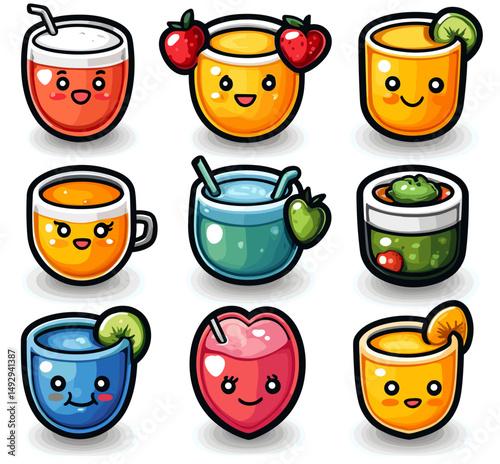 Cute Drinks Collection: A delightful assortment of adorable, illustrated drinks in various styles, each brimming with charm and playful character.