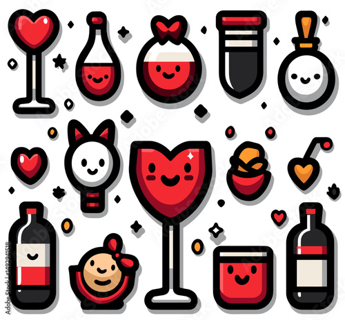 Valentine's Day Delights: A vibrant illustration brimming with charming elements of love, including hearts, bottles, and adorable smiling faces. Perfect for expressing affection and spreading joy.