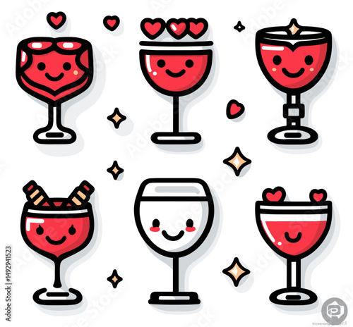 Delightful Drinks: An adorable array of animated wine glasses with heart-themed details, embodying the spirit of love, joy, and conviviality.