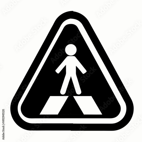A black triangular traffic sign displays a pedestrian crossing a street.