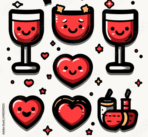 Celebration of Romance: An inviting and joyful composition features illustrations of drinks, hearts, and stars. The design uses bold lines, a bright color palette.