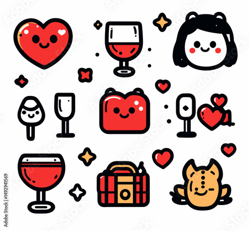 Celebration of love: An eye-catching flat illustration, in a whimsical and playful style, showcasing a collection of charming graphic elements associated with love.