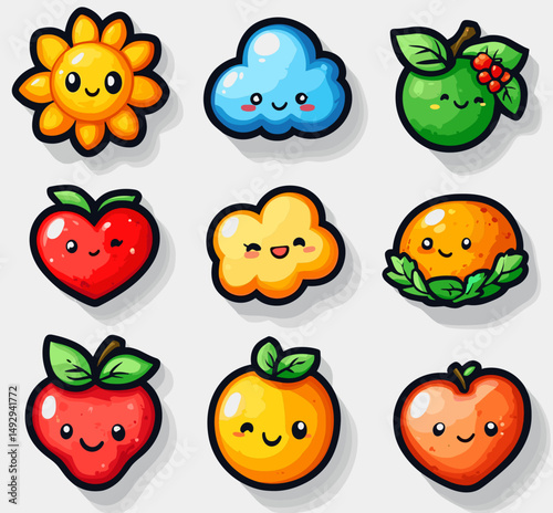 Cheerful Kawaii Food Set: Adorable and whimsical kawaii illustration set featuring smiling sun, apple, heart, cloud, orange, and strawberry characters, radiating positivity and playful charm.