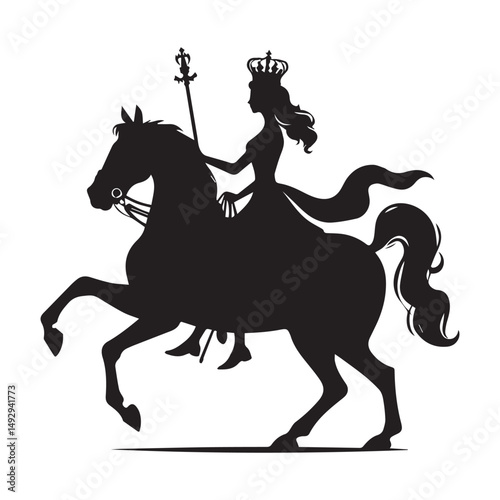 silhouette of a princess riding a horse, editable vector image