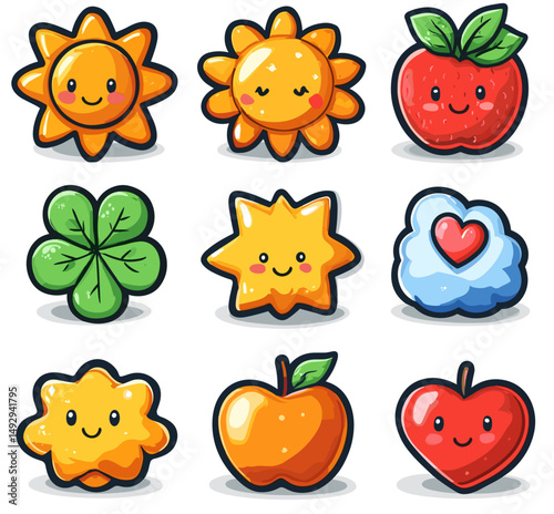Adorable Emoticons Collection: a set of whimsical and delightful emoticons that bring joy and personality to any creative project. Featuring a cute sun, apple, star and more.