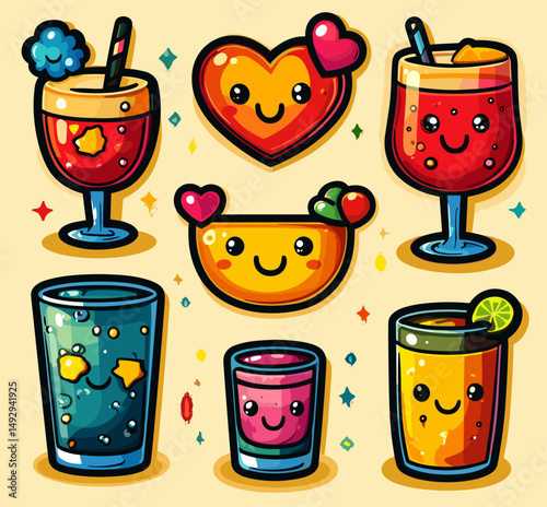 Whimsical Drinks Collection: A delightful arrangement of whimsical cartoon cocktails and fruity drinks, each with a cute, expressive face and vibrant colors, against a sunny backdrop.