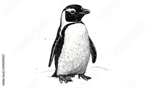 Vintage Engraving Style, Hand-drawn Penguin in Snow, Black Sketch Effect, Rustic Wildlife Art, Winter Animal Print, Nature Drawing, Trendy Nature Art