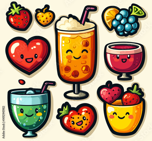 Cartoon Beverage Delights: An eye-level shot reveals a delightful array of cartoon beverages with friendly faces and complementary fruits.
