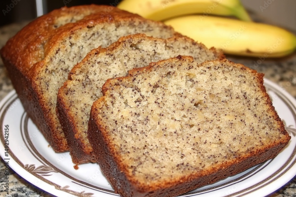 Sliced banana bread loaf on plate close up shot homemade baked dessert with fresh bananas on background Sliced banana bread loaf on plate close up shot homemade baked dessert with fresh bananas on background