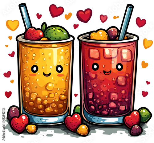 Animated Valentine's Drinks: Two delightful drink illustrations celebrate love with hearts. Each drink features a unique, cheerful face, nestled among vibrant hearts and sweet ingredients.