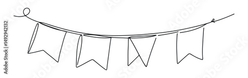 Bunting flags continuous one line drawing. Hand drawn festive flags garland.