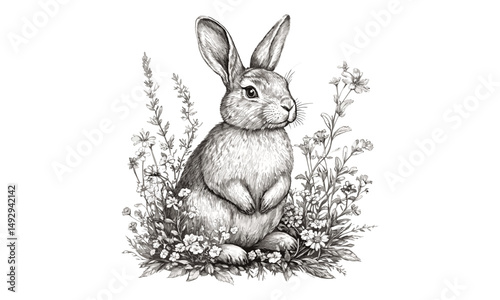 Hand-drawn Rabbit in Garden, Vintage Engraving Style, Black Sketch Art, Spring Wildlife Illustration, Rustic Animal Drawing, Nature Wall Print, woodland nursery art