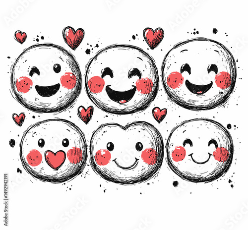 Love & Joyful Emoticons: A delightful collection of handcrafted emoticons expressing love and happiness with charming doodle style, perfect for conveying positive sentiments.