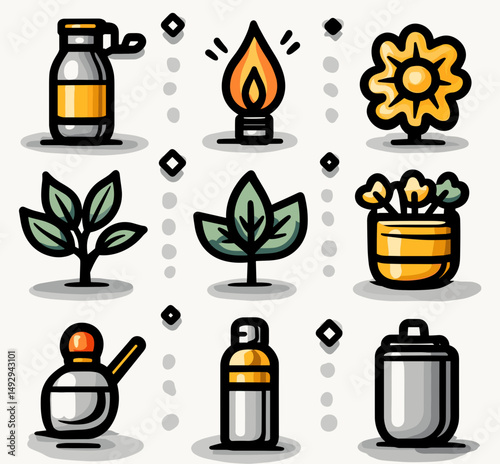 Floral and Aromatherapy Icon Collection: A collection of icons for floral aromatherapy and scent, featuring a diverse array of natural elements, exuding a sense of tranquility and holistic well-being.