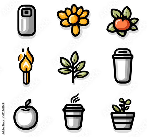 Eco-Friendly Icons: A collection of vibrant, minimalist icons represents elements of nature, sustainable practices, and everyday life. Each icon offers a glimpse into a world of eco-consciousness.