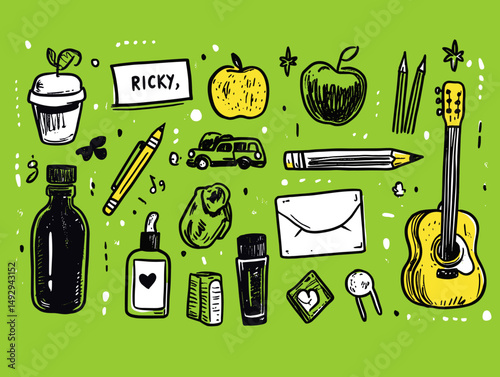 Doodle Desk: A delightful array of desk doodles, featuring plant, apple, pencil and guitar, come together in a vibrant display of creativity and inspiration.