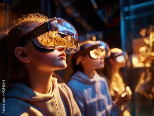 Young visitors explore virtual reality at an interactive exhibition in the museum during the evening hours
