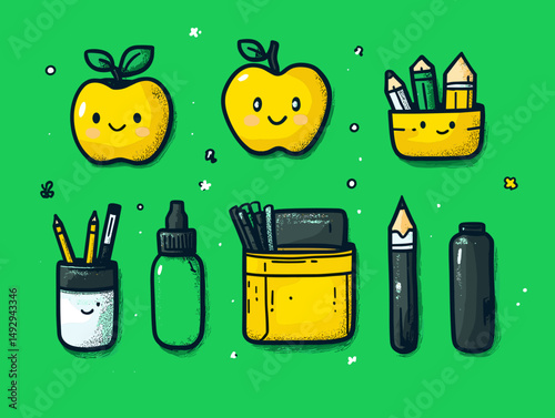 Artistic Delight: A whimsical display of art supplies, each with its own animated charm, set against a vibrant green backdrop, evoke a playful and inspiring creative atmosphere.