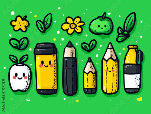 Cute Cartoon Elements: A charming array of animated elements, including flowers, leaves, pencils, and apples, set against a vibrant green backdrop.