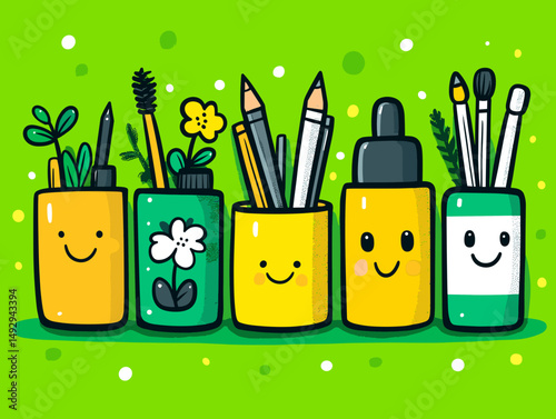 Smiling Stationery Collection: An adorable illustrated composition of smiling stationery holders, each brimming with various items, against a lively green backdrop.