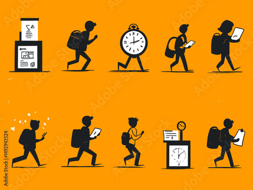 Digital Navigation: A stylized illustration shows individuals navigating urban landscapes using technology, with depictions of time and tasks as they engage with mobile devices.