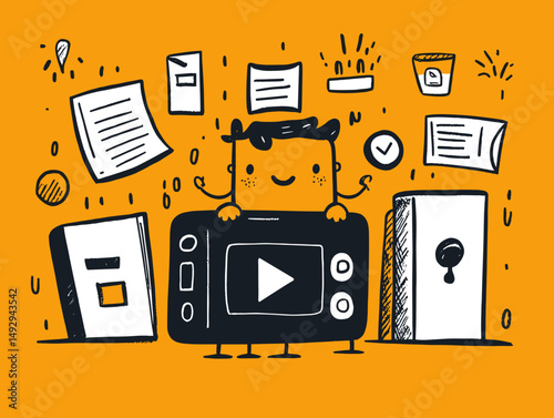 Digital media's charm: A vibrant illustration of digital media elements with a whimsical touch, including video player and documents, designed for various digital applications.