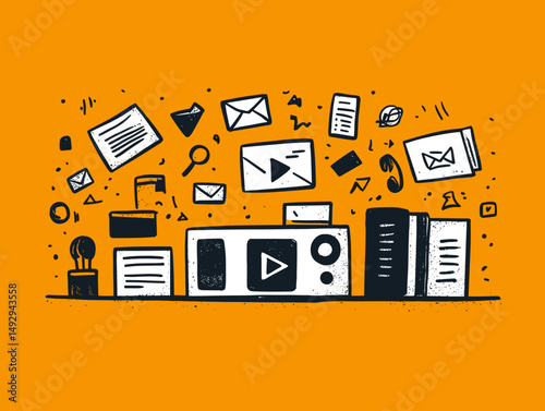 Multimedia Marketing Magic: An engaging illustration of digital marketing tools, ideas, and the power of media. Conceptual image in vivid orange, embodies creativity.