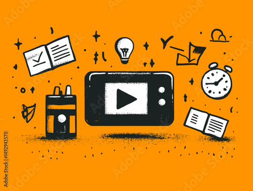 Online Video Tutorial: Engaging doodle-style illustration of an online video tutorial concept, featuring a tablet with a play button, books, a lightbulb, and a timer, symbolizing learning, education.