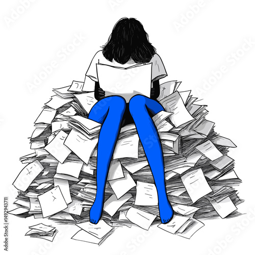 Overwhelmed by task: A person is buried in a mountain of documents, deep in concentration, reading with focused attention, symbolizing being overwhelmed by the magnitude of work.