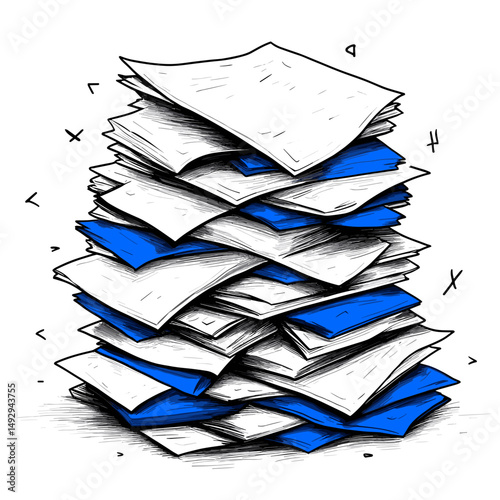 Piled Paperwork: A chaotic stack of documents, a visual representation of the overwhelming nature of administrative tasks and the need for efficient organization.