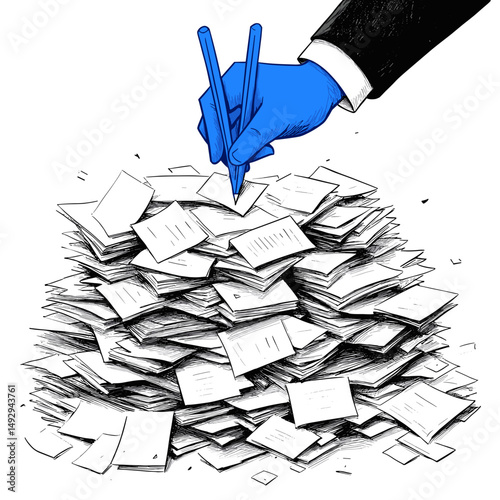 Drowning in paperwork: A blue hand reaches down toward a sprawling mountain of documents, with the pens poised to start the onerous work.