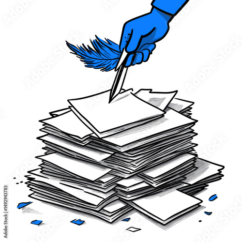 Blue Hand Writing on Papers Pile: A hand with a blue glove holds a quill pen, poised to write on a large stack of papers, symbolizing the process of writing and creating.