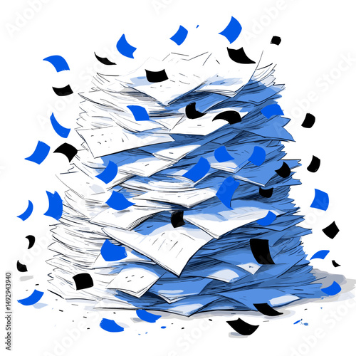 Overflowing Paperwork: A vast mountain of documents, scattered with confetti, symbolizes the overwhelming nature of administration, tasks, and potential clutter.