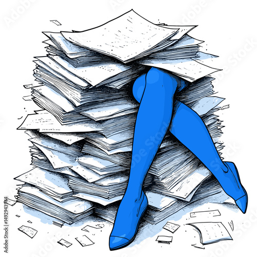 Buried in Bureaucracy: A surreal, illustrative depiction of legs emerging from a towering pile of documents, metaphorically representing the overwhelming nature of paperwork.