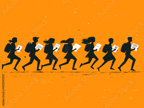 Students Silhouette: A dynamic silhouette of students, each clutching documents and backpacks, strides purposefully, set against an evocative orange backdrop that speaks of focus, urgency, and drive.