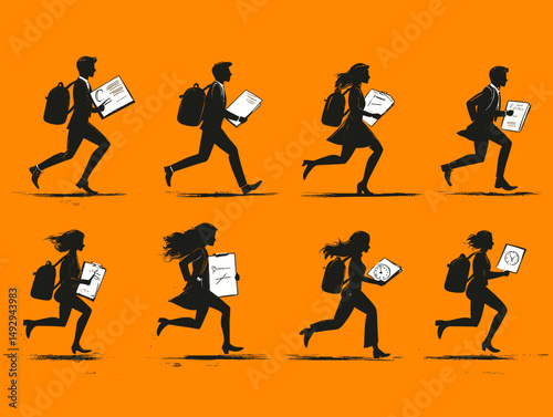 Rushing silhouettes: A dynamic illustration features eight stylized silhouettes of professionals, each carrying a notepad or tablet and a backpack.