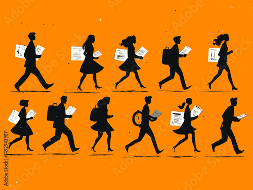 Fast-Paced Day: A collective of individuals in a dynamic run, each clutching files, symbolizes the relentless pace of everyday life and the relentless push toward professional or personal goals.