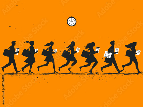 Rush Hour Silhouette: A stylized silhouette captures the relentless pace of modern commuting, with individuals hurrying against the clock, paper and bags in hand, symbolizing the daily grind.